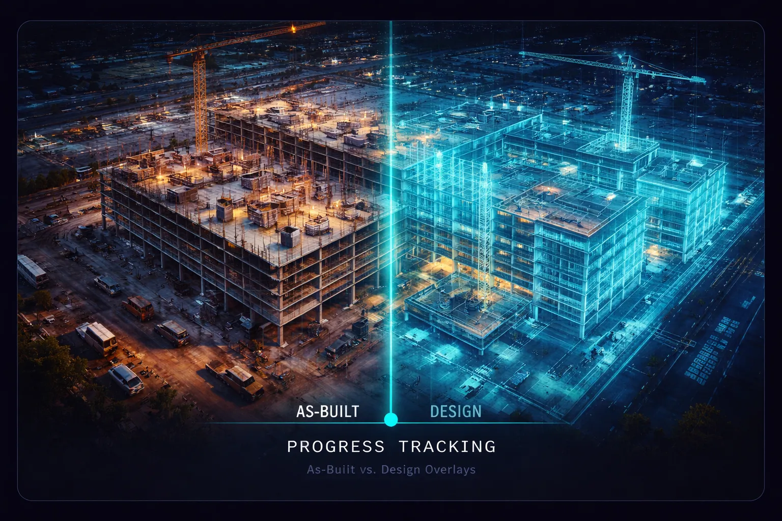 Construction site monitoring — split view comparing as-built aerial photo with BIM design model overlay