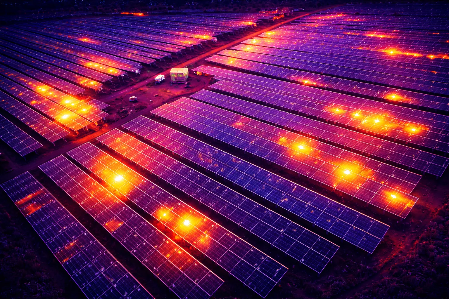 Thermal drone inspection of solar farm — radiometric imagery showing hotspot anomalies on photovoltaic panels