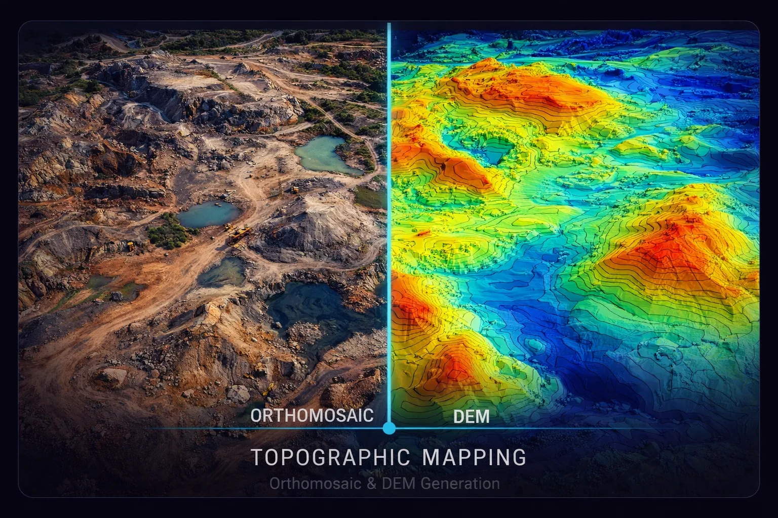 Topographic terrain modeling — split view showing aerial orthomosaic and color-coded digital elevation model