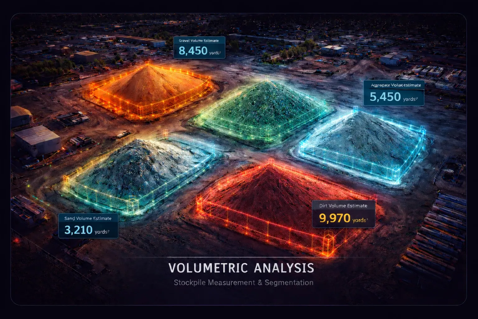 Drone volumetric analysis — aerial view of stockpiles with color-coded volume measurements and segmentation boundaries